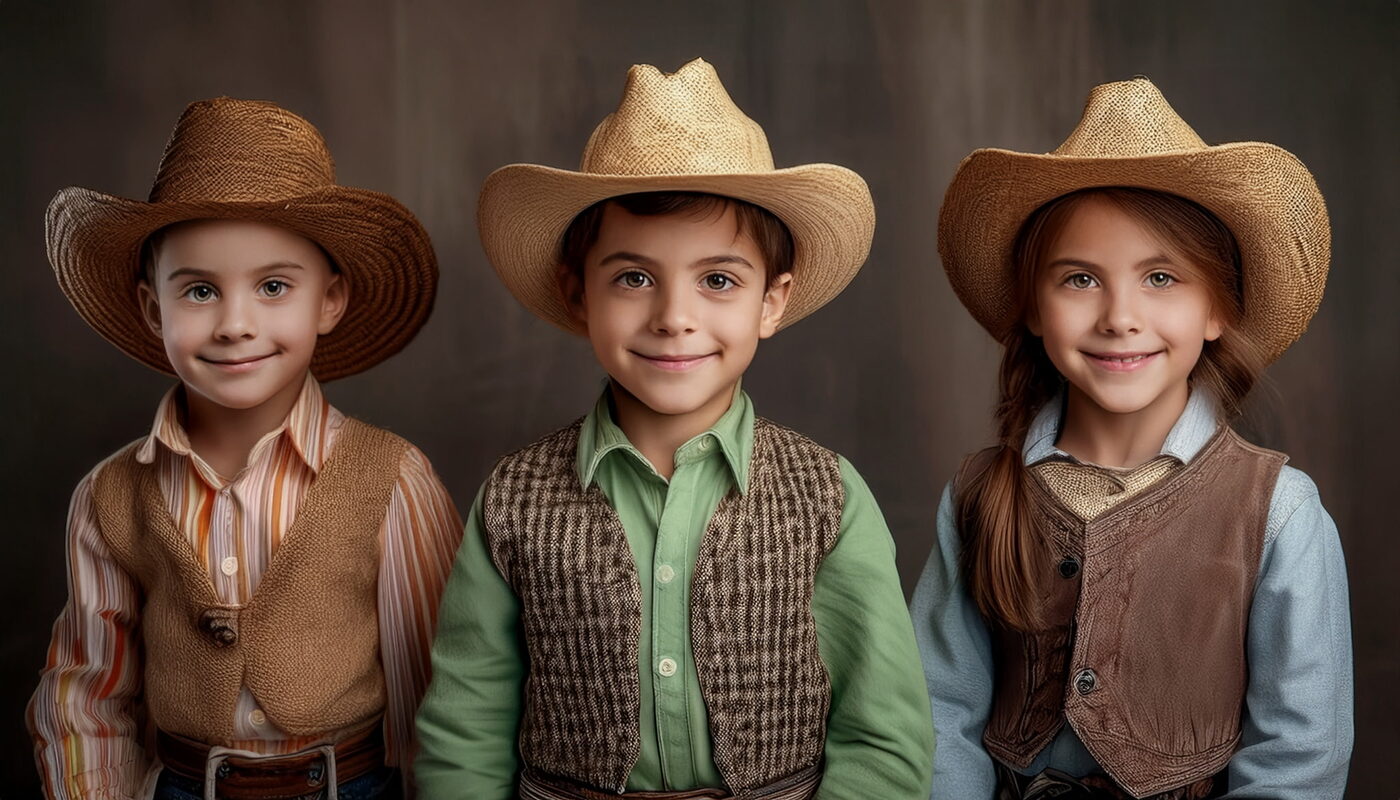 Kids dressed up in cowboy hats at the Western photo booth