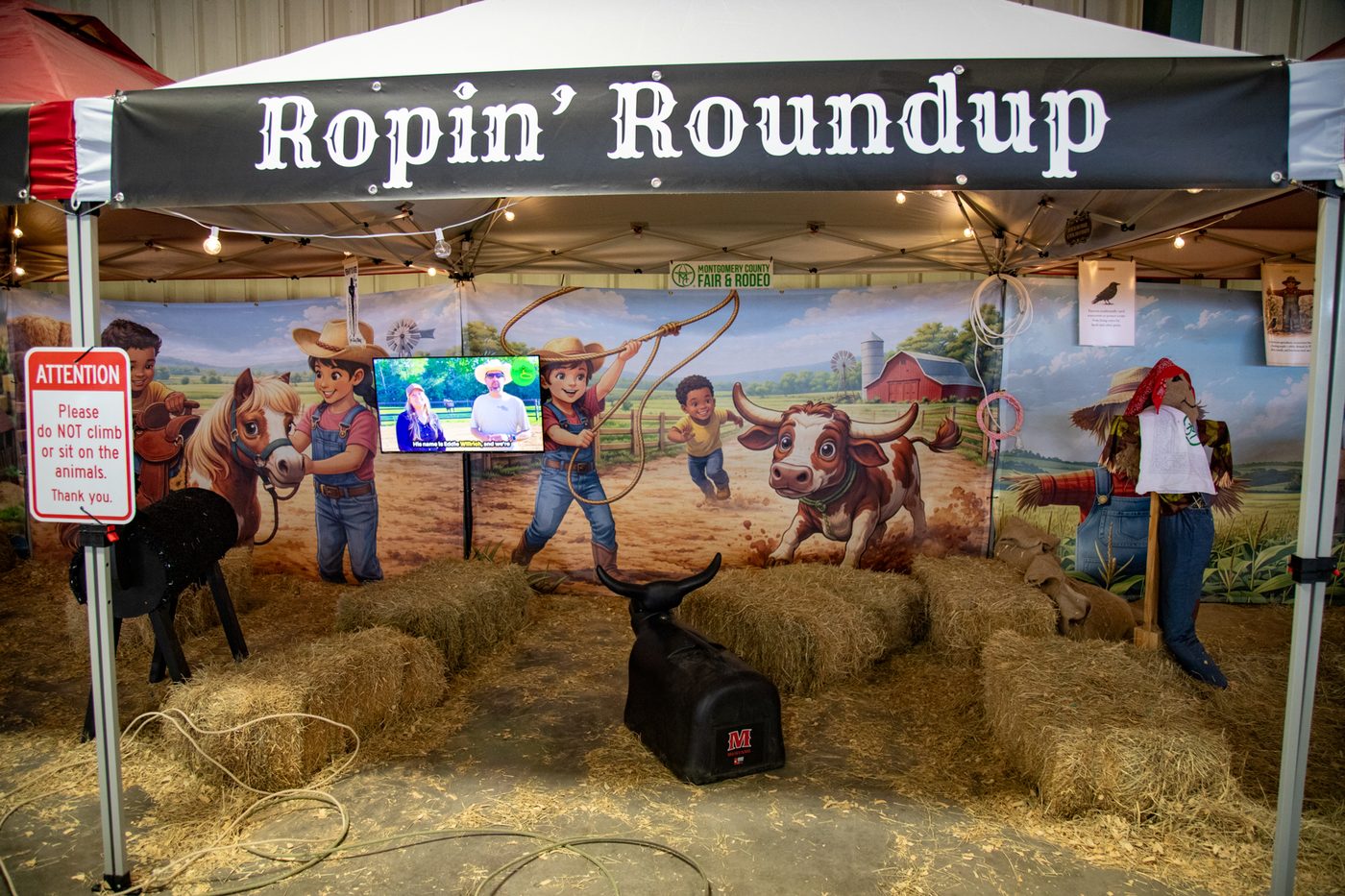 The Ropin' Roundup roping booth, with a life-like steer prop and a lasso-hung backdrop